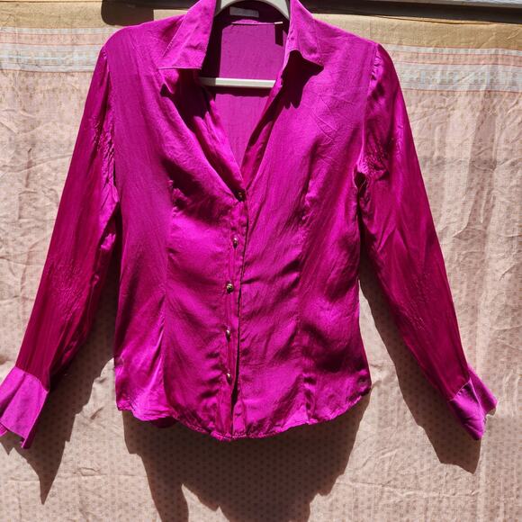 Robert Friedman 100% Silk Magenta Pink Gold Button Up Blouse Collared Shirt Sz S - Picture 1 of 10